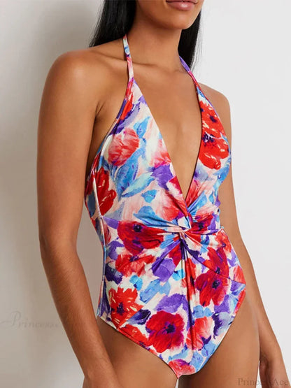 Traje de baño de una pieza con mangas abullonadas y estampado con cuello en V