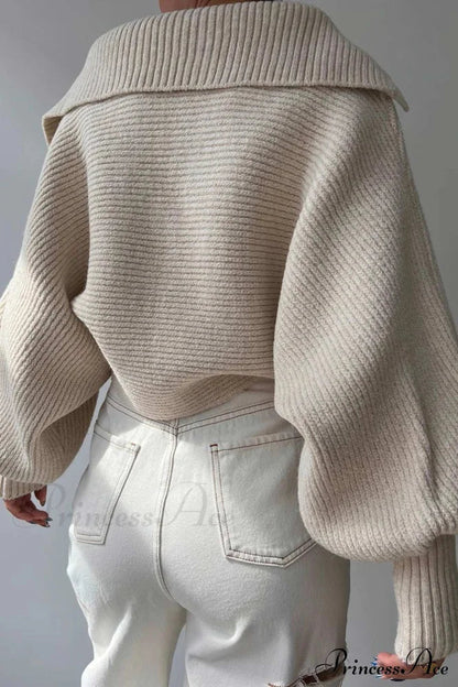 V Neck Puff Sleeve Sweater with Lapel