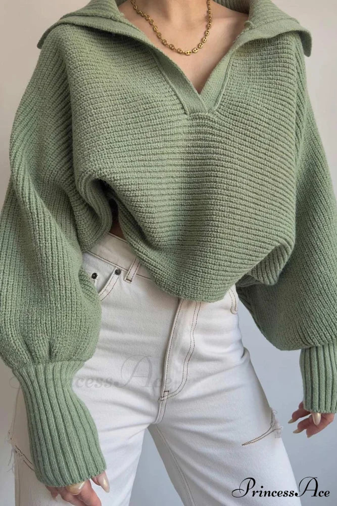 V Neck Puff Sleeve Sweater with Lapel
