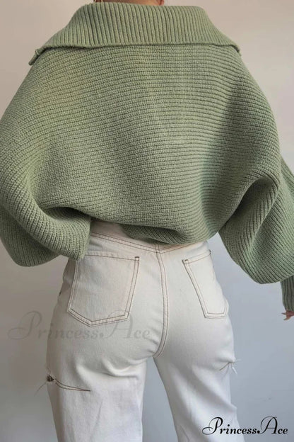 V Neck Puff Sleeve Sweater with Lapel