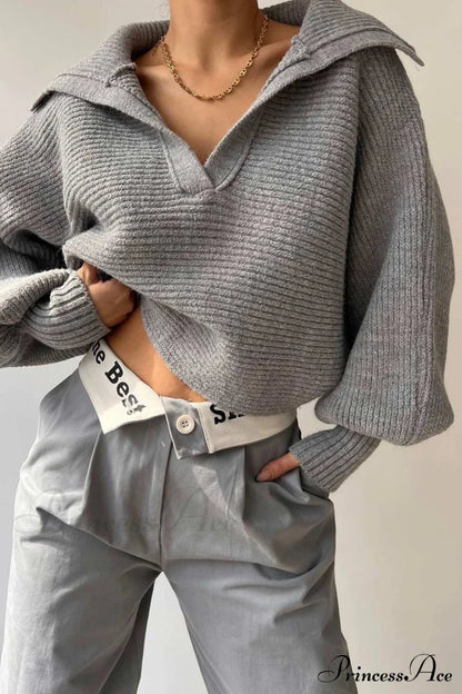 V Neck Puff Sleeve Sweater with Lapel