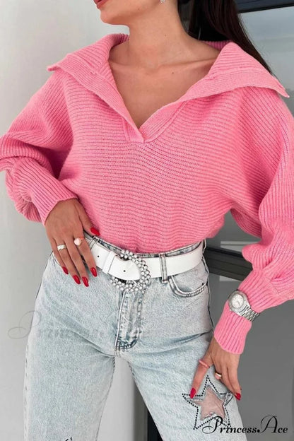 V Neck Puff Sleeve Sweater with Lapel