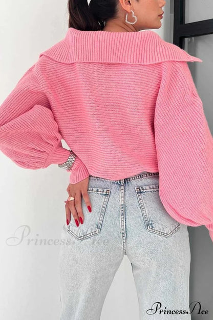 V Neck Puff Sleeve Sweater with Lapel