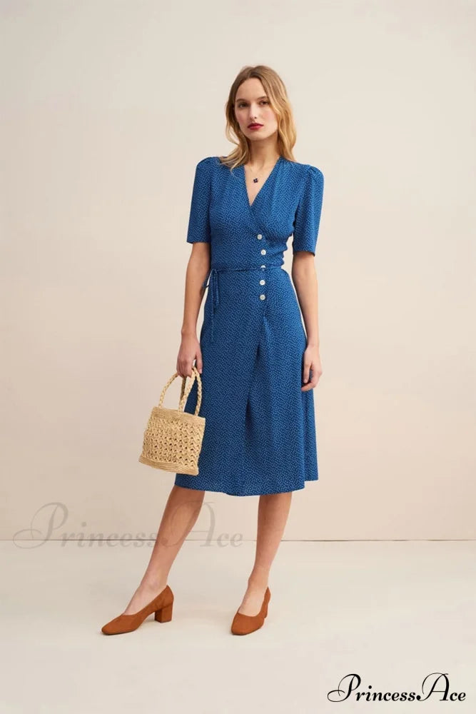 V Neck Slit Short Sleeve Dress