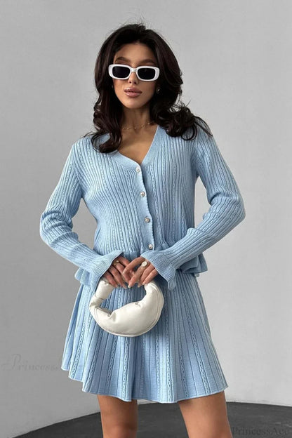V-Neck Sparkle Ruffled Waist-Cinched Knit Chic Two Piece Set