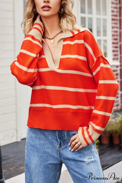 V-neck Striped Sweater with Lapel