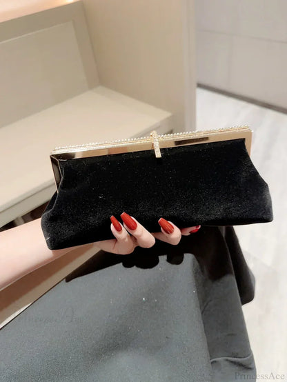 Velvet Fish Hook Rhinestone Decorated Evening Clutch Party Wedding Bag