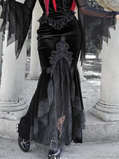 Velvet Lace Patchwork Trumpet Skirt
