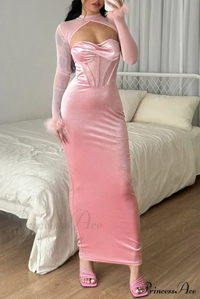 Velvet Mesh Patchwork Dress with Low Cut