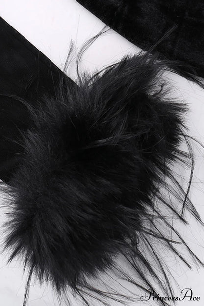 Velvet Patchwork Fuzzy Hem Slit Dress