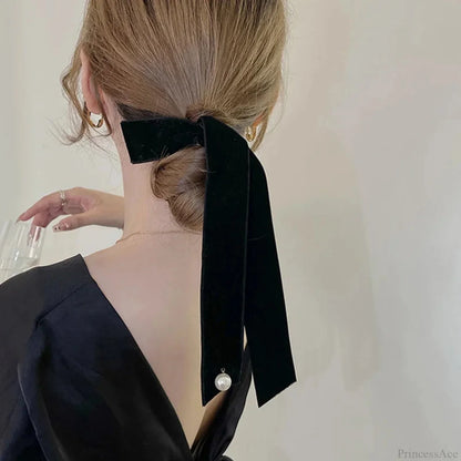 Velvet Ribbon Pearl Top Clip - Hair Accessory