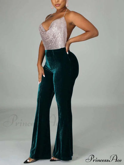 Velvet Velour Flared Bell Bottoms High Waist Pants