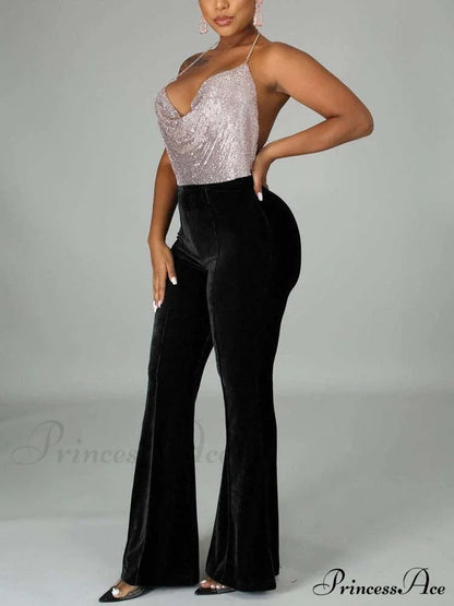 Velvet Velour Flared Bell Bottoms High Waist Pants