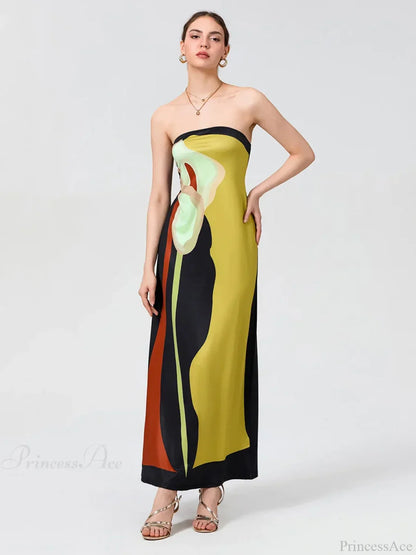 Vintage Abstract Floral Strapless Backless Loose Tube Top Floral Dress