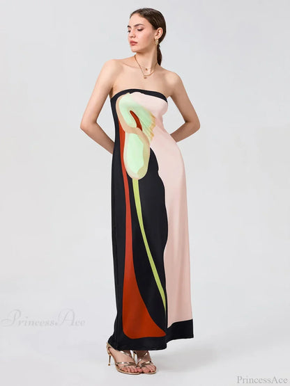 Vintage Abstract Floral Strapless Backless Loose Tube Top Floral Dress