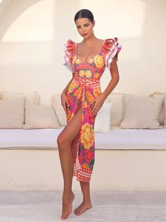 Vintage Bamboo Print Sarong Two Piece Set
