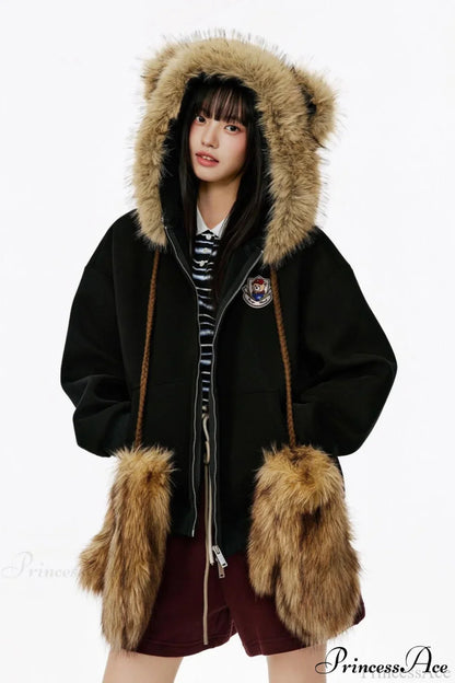 Vintage Bear Ear Fleece Collar Zip Hoodie