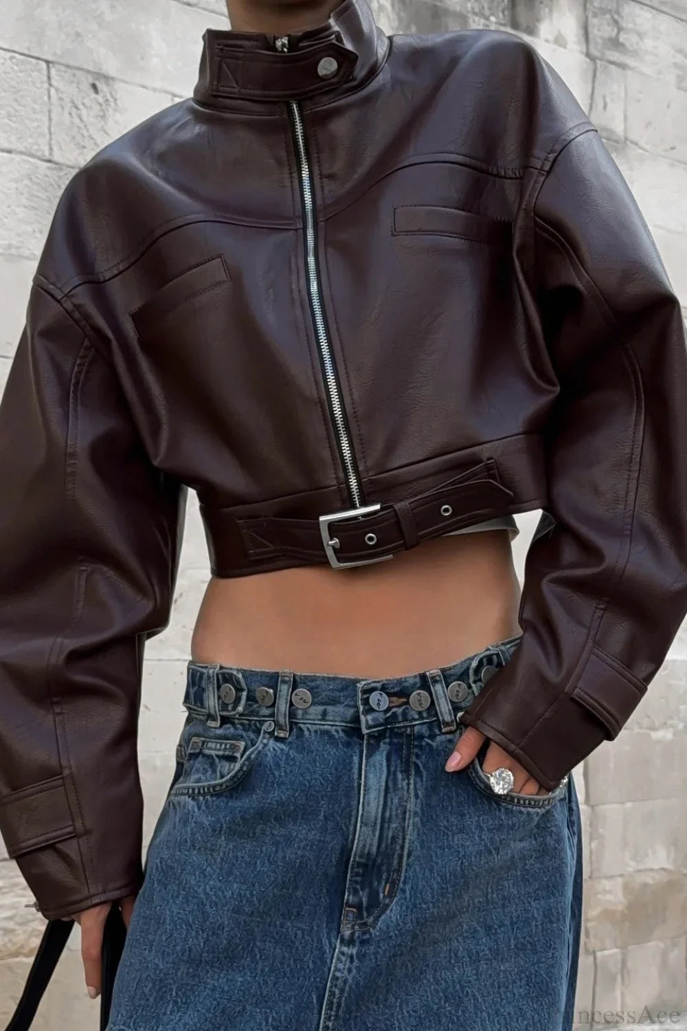Vintage Biker Stand Collar Zipper Leather Jacket