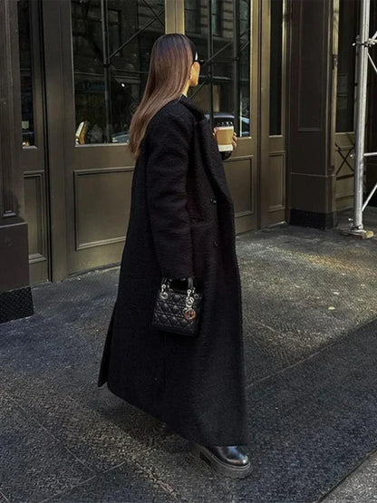 Vintage Black Woolen Double-Breasted Overcoat