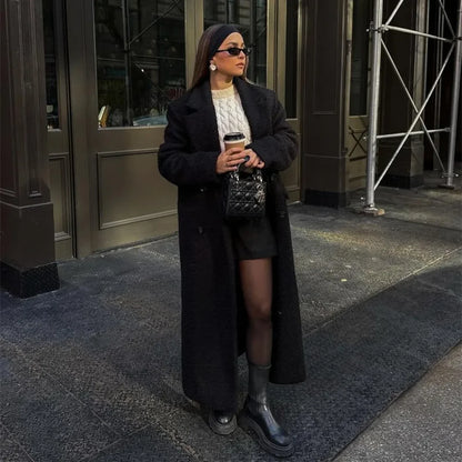 Vintage Black Woolen Double-Breasted Overcoat