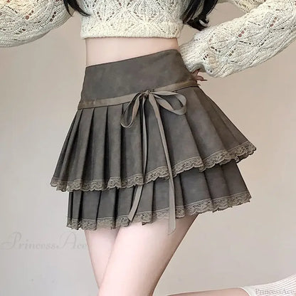 Vintage Bow Pleated PU Skirt