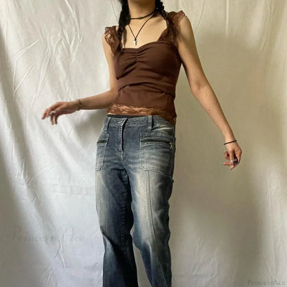 Vintage Brown Lace Patchwork Open Back Slim Fit Fairy Grunge Y2K Camis Crop Top
