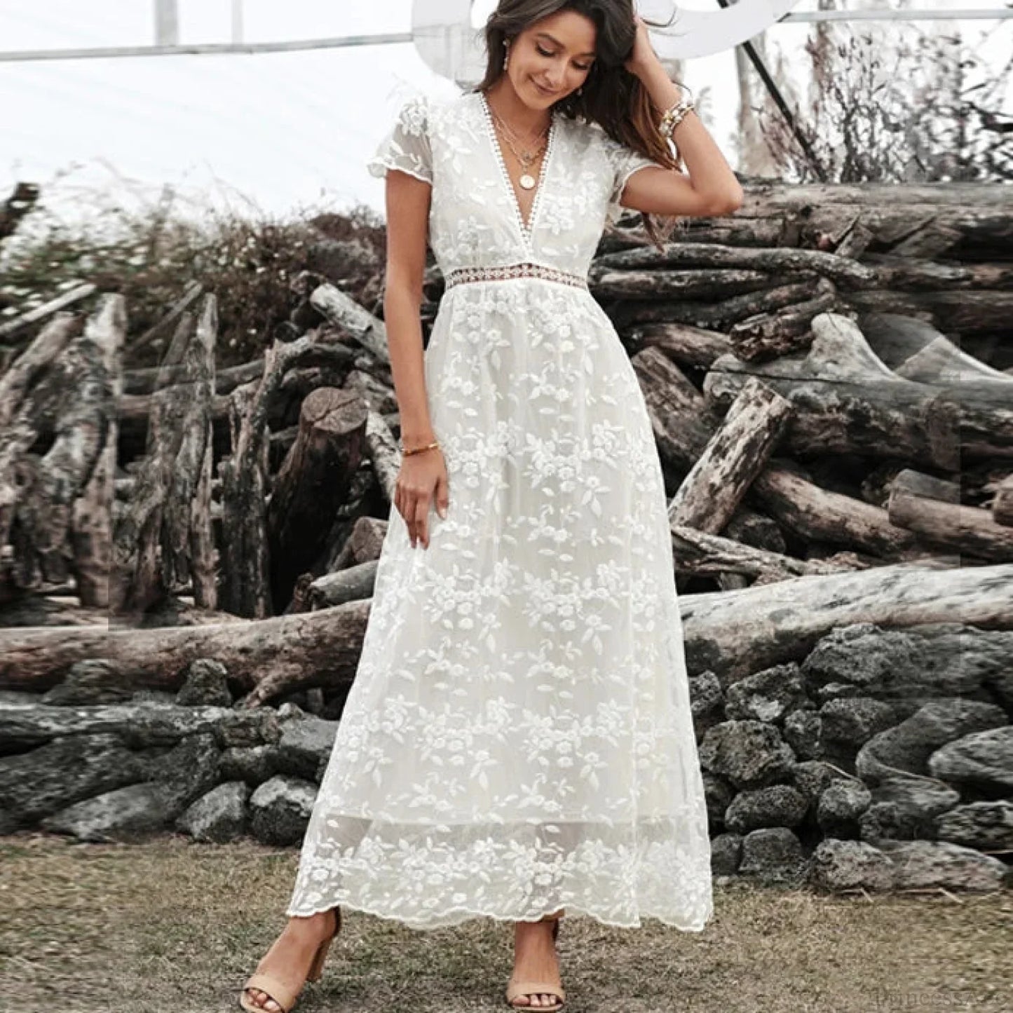 Vintage Deep V Short Sleeve Dress