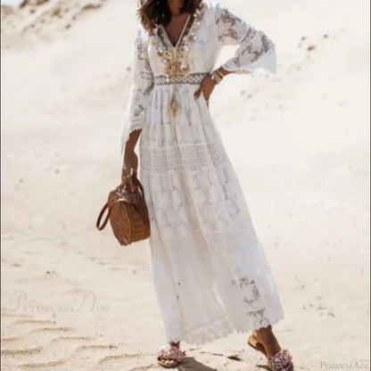 Vintage Embroidery Loose White Red Boho Dress