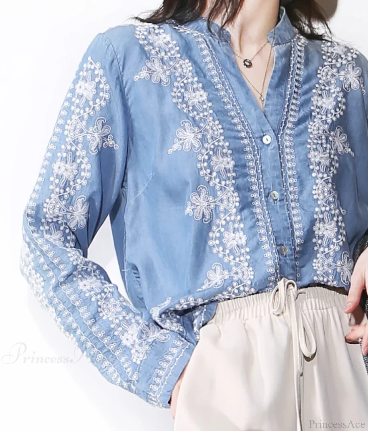 Vintage Floral Embroidery Cotton Denim Long Sleeve Boho Blouse