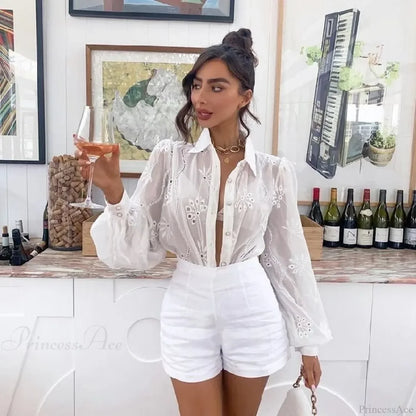 Vintage Floral Embroidery Hollow Out Puff Sleeve Boho Blouse