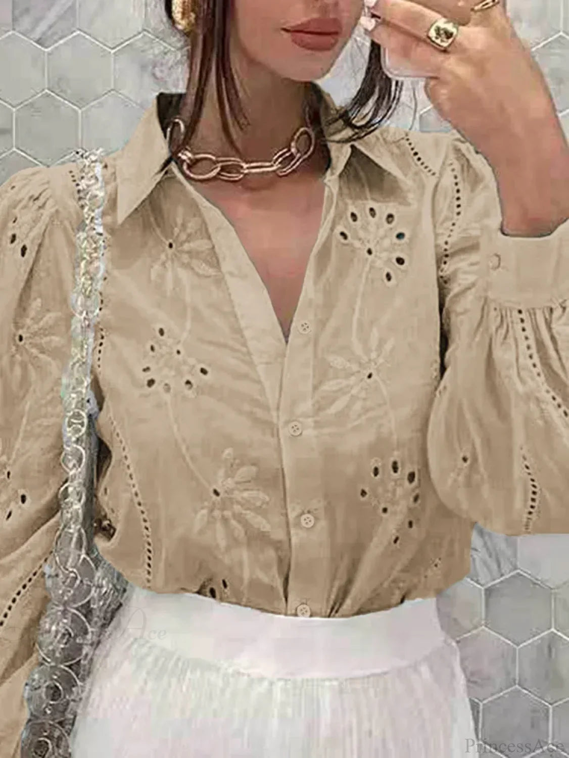 Vintage Floral Embroidery Hollow Out Puff Sleeve Boho Blouse