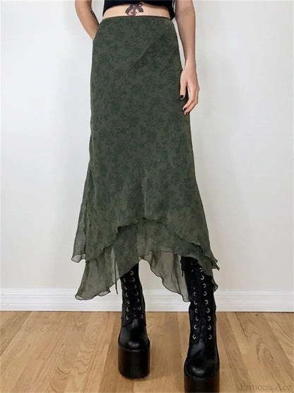 Vintage Floral Midi Skirt High Waist Mesh Irregular
