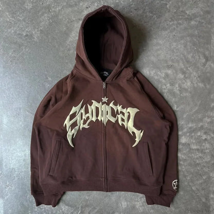 Vintage Gothic Printed Zipper Hoodie