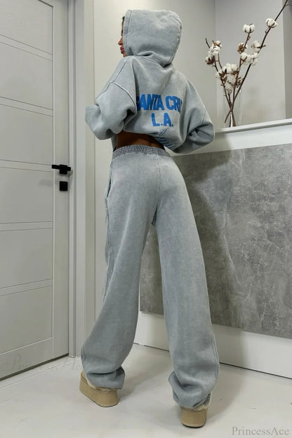 Vintage High Street Gray Loose Hoodie Jogger Two Piece Set