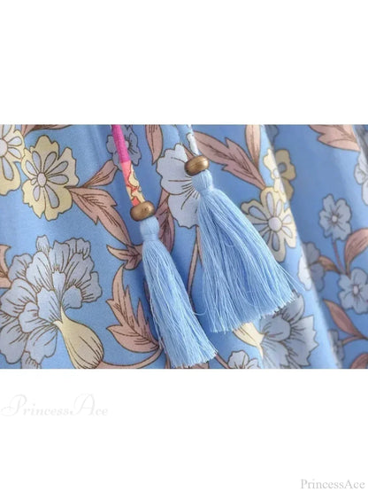 Vintage Hippie Blue Floral Print Tassel Beach Skirt High Elastic A-Line