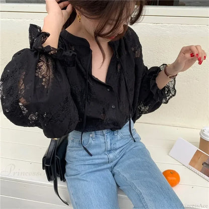 Vintage Hook Hollow Flower Lace Lantern Sleeve Blouse
