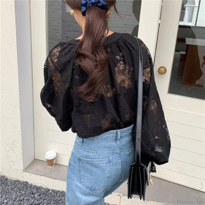 Vintage Hook Hollow Flower Lace Lantern Sleeve Blouse