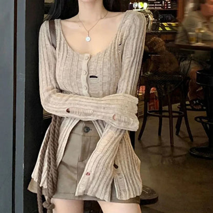 Vintage Knitted Spring Long Sleeve Button Closure Slim Knit Top