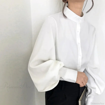 Vintage Lantern Sleeve Loose Stand Collar Blouse