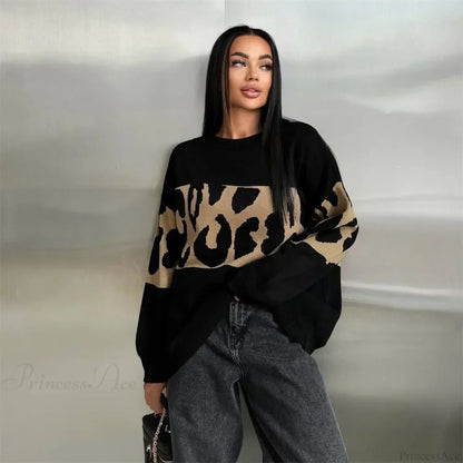 Vintage Leopard Print Loose Oversized Sweater