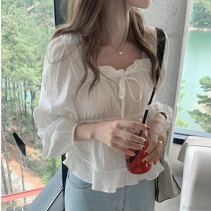 Vintage Loose White Ruffled Long Sleeve Blouse