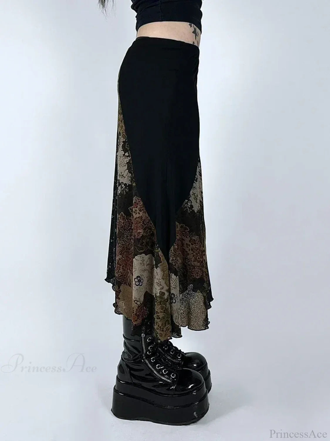 Vintage Patchwork Floral Mesh Skirt Holiday Casual