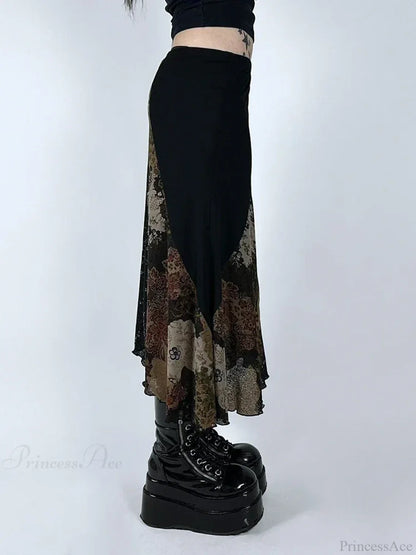 Vintage Patchwork Floral Mesh Skirt Holiday Casual
