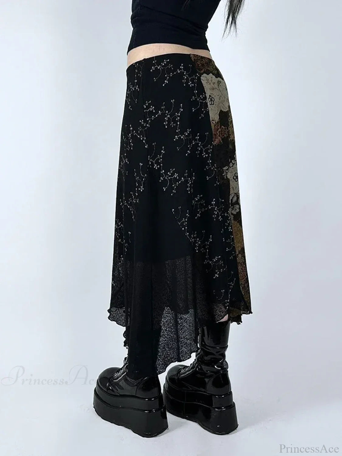 Vintage Patchwork Floral Mesh Skirt Holiday Casual