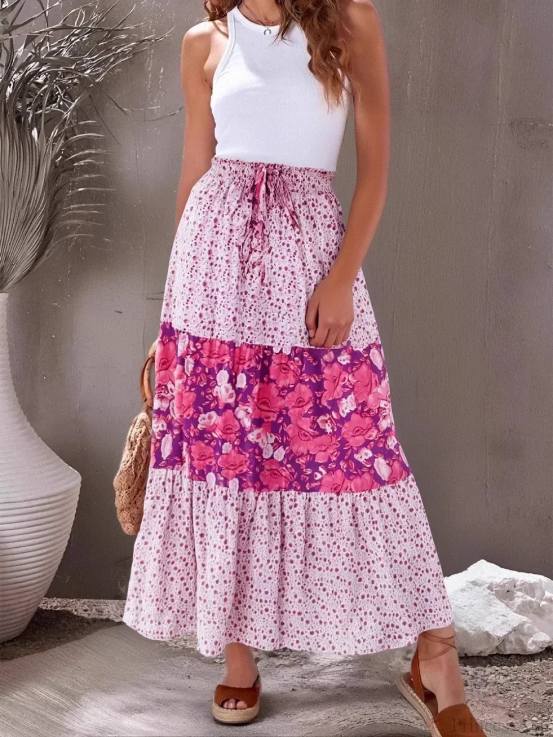Vintage Pink Floral Ruffles Beach Bohemian A-Line Maxi Skirt