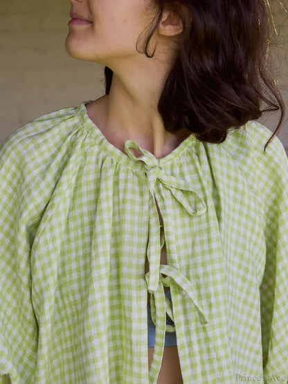 Vintage Plaid Tie-Up Blouse