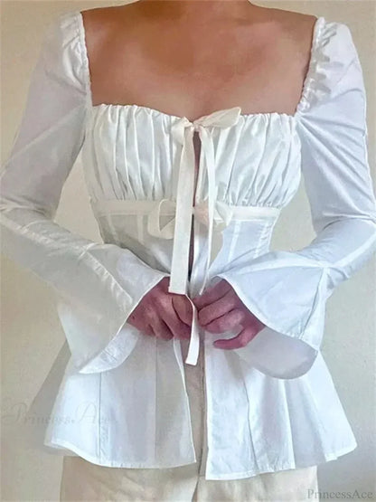 Vintage Puff Sleeve Tie-up Square Neck Blouse