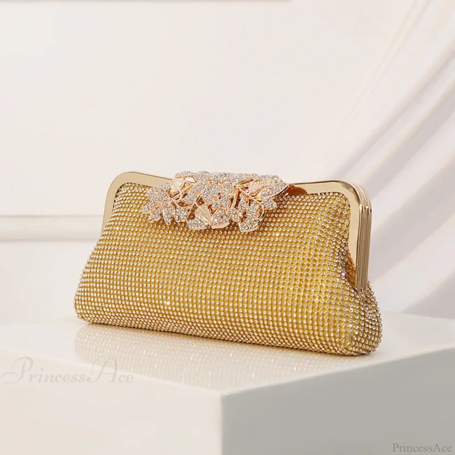 Vintage Rhinestone Flower Kiss Lock Clutch Bag