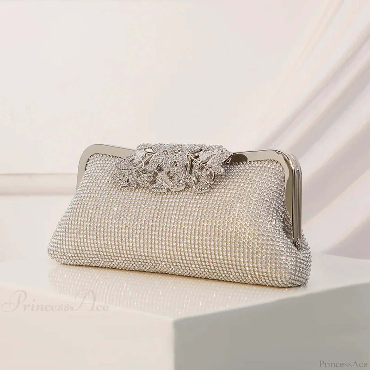 Vintage Rhinestone Flower Kiss Lock Clutch Bag