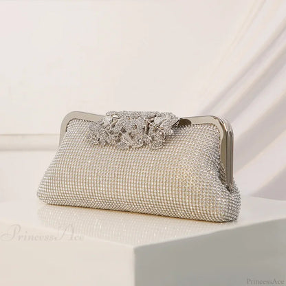 Vintage Rhinestone Flower Kiss Lock Clutch Bag